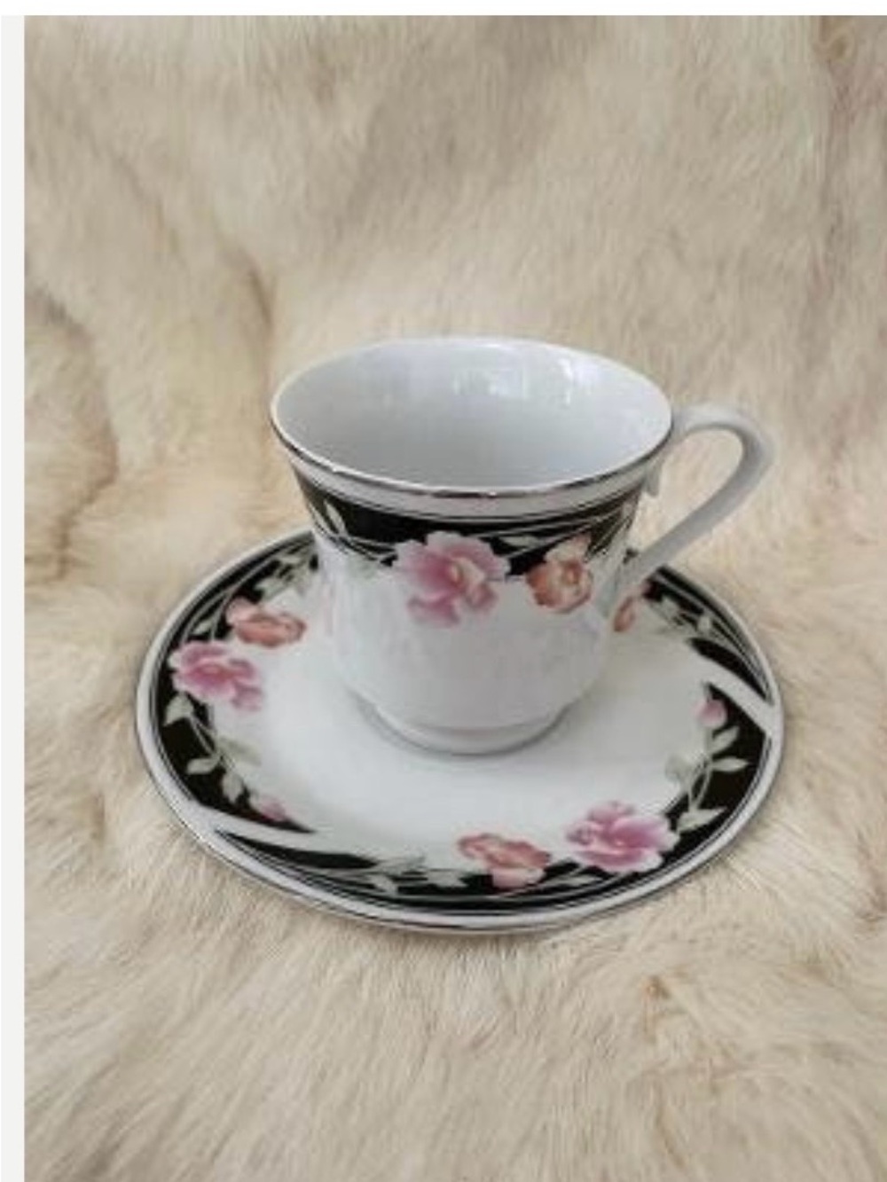 Gibson Designs Floral Porcelain Teacup and Saucer - Pink Flowers on Black Trim